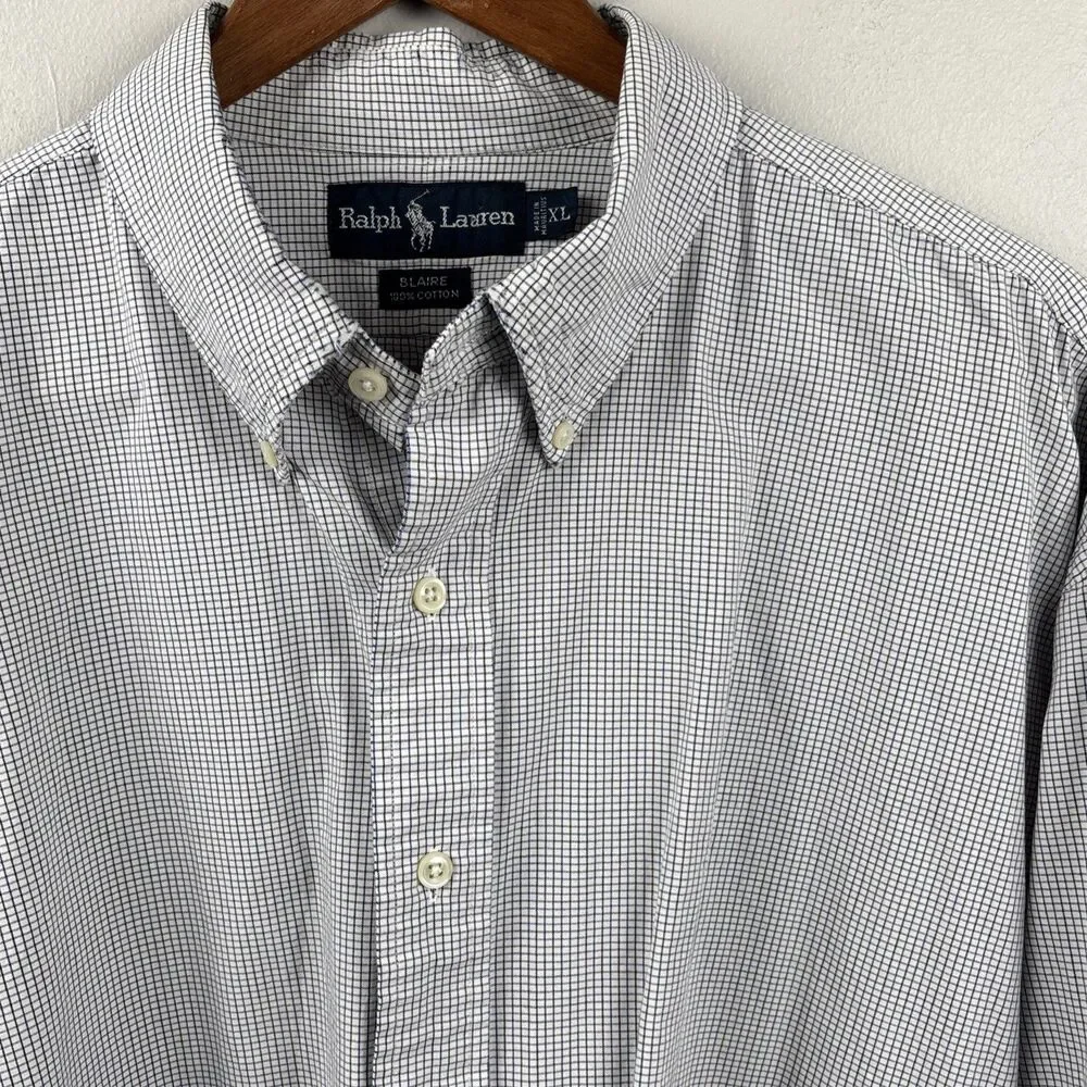 Ralph Lauren Men XL Shirt button long sleeve Blue White Check Blaire Navy Pony